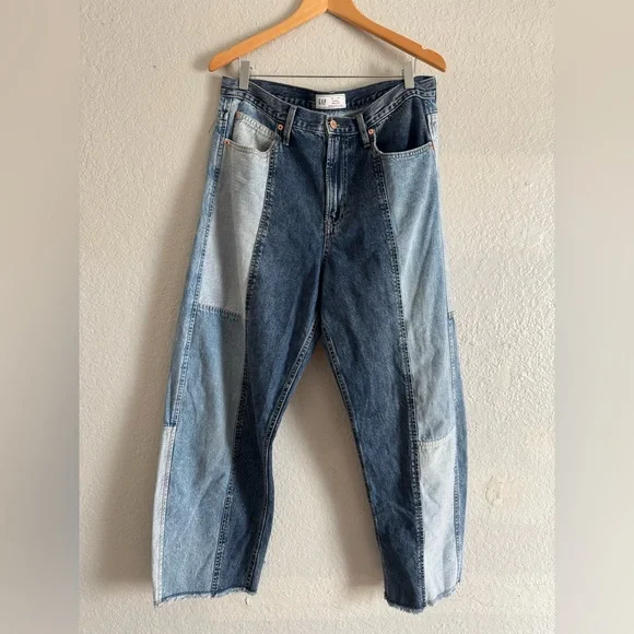 GAP Blue Patchwork High Waisted Barrel Jeans - Picture 6 of 7